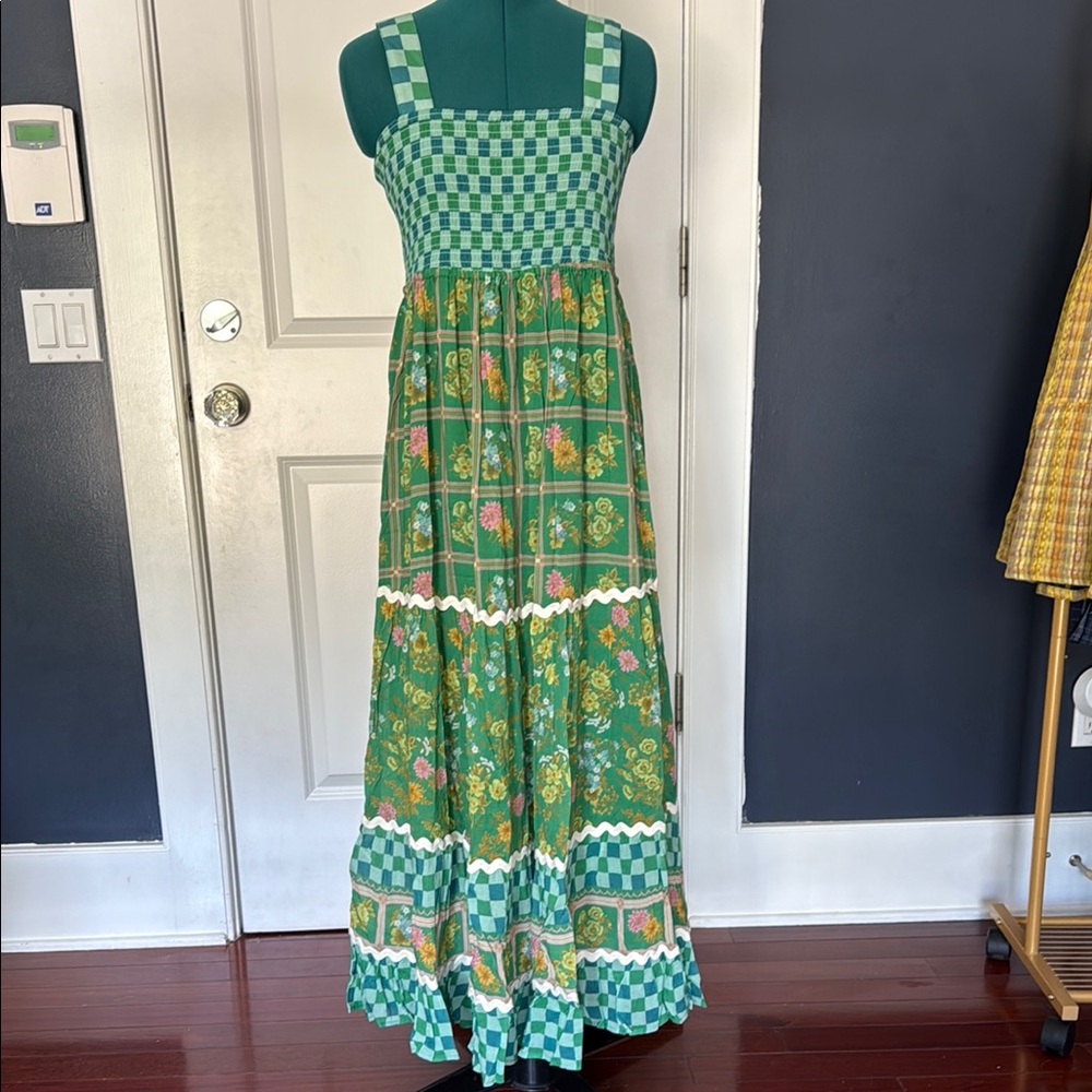 Spell Green Checkered and Floral Maxi Dress